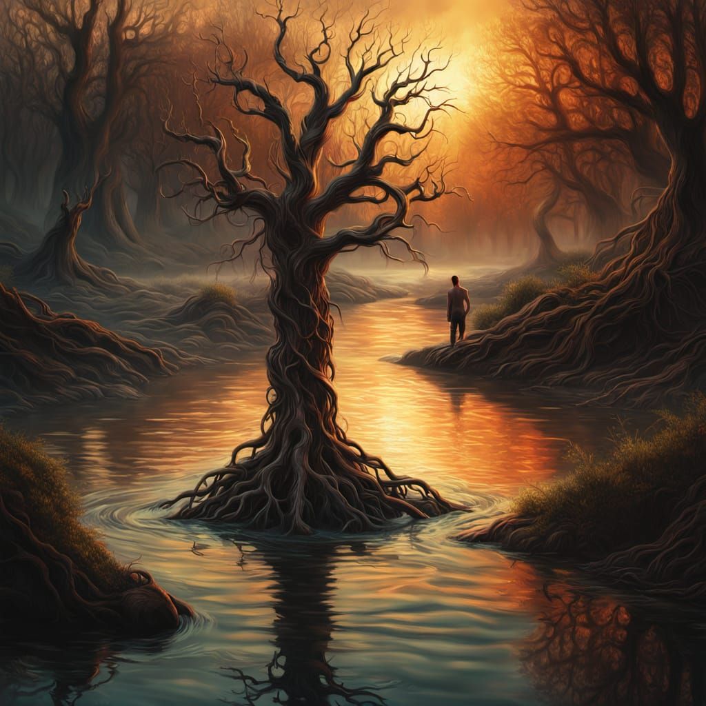 Eerie Figure by Bloody River: Dark Surrealism