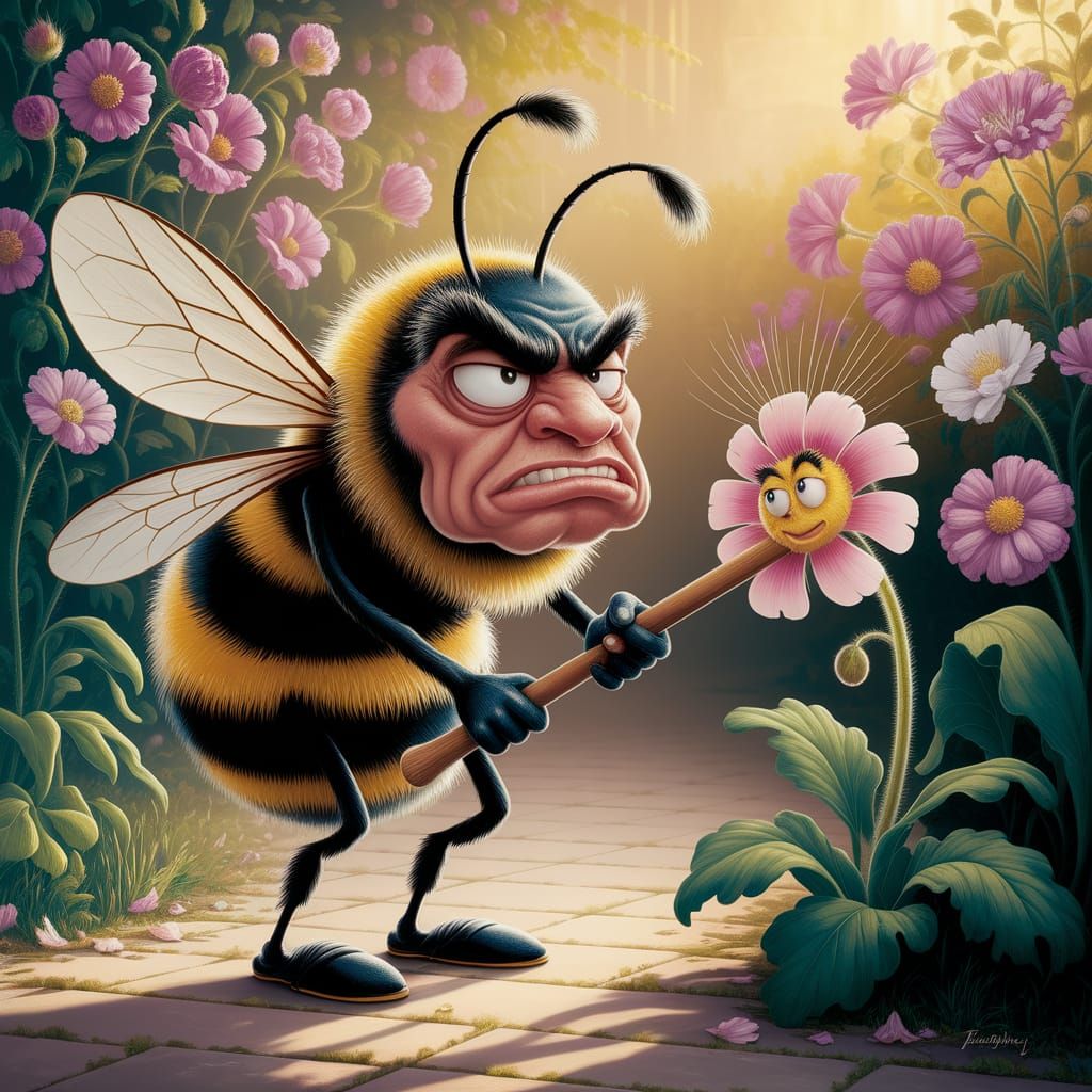 Grumpy Bee Thwacks Flower: Oil Painting Caricature