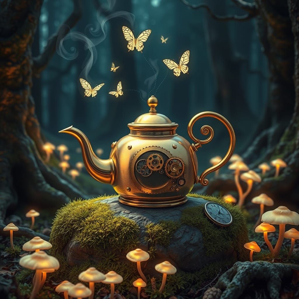 Steampunk Teapot with Clockwork Butterflies in Enchanted For...