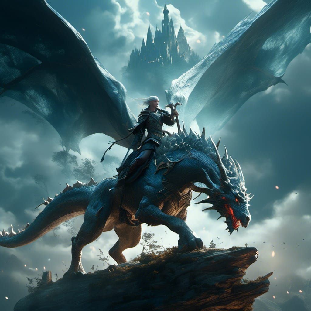 Elven Warrior on Dragon in Moonlight, Fantasy Scene