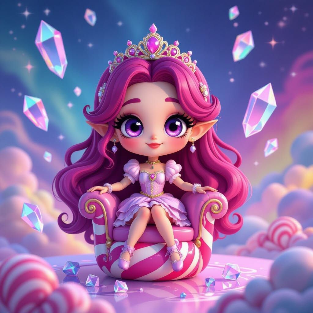 Chibi Alien Princess on Candy Throne in Vibrant Style