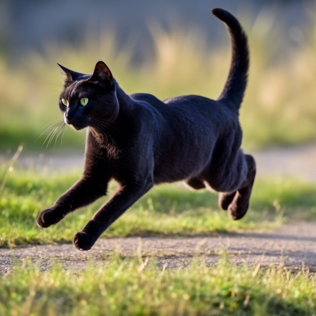 Dark Grey Cat Running Fast with Green Eyes