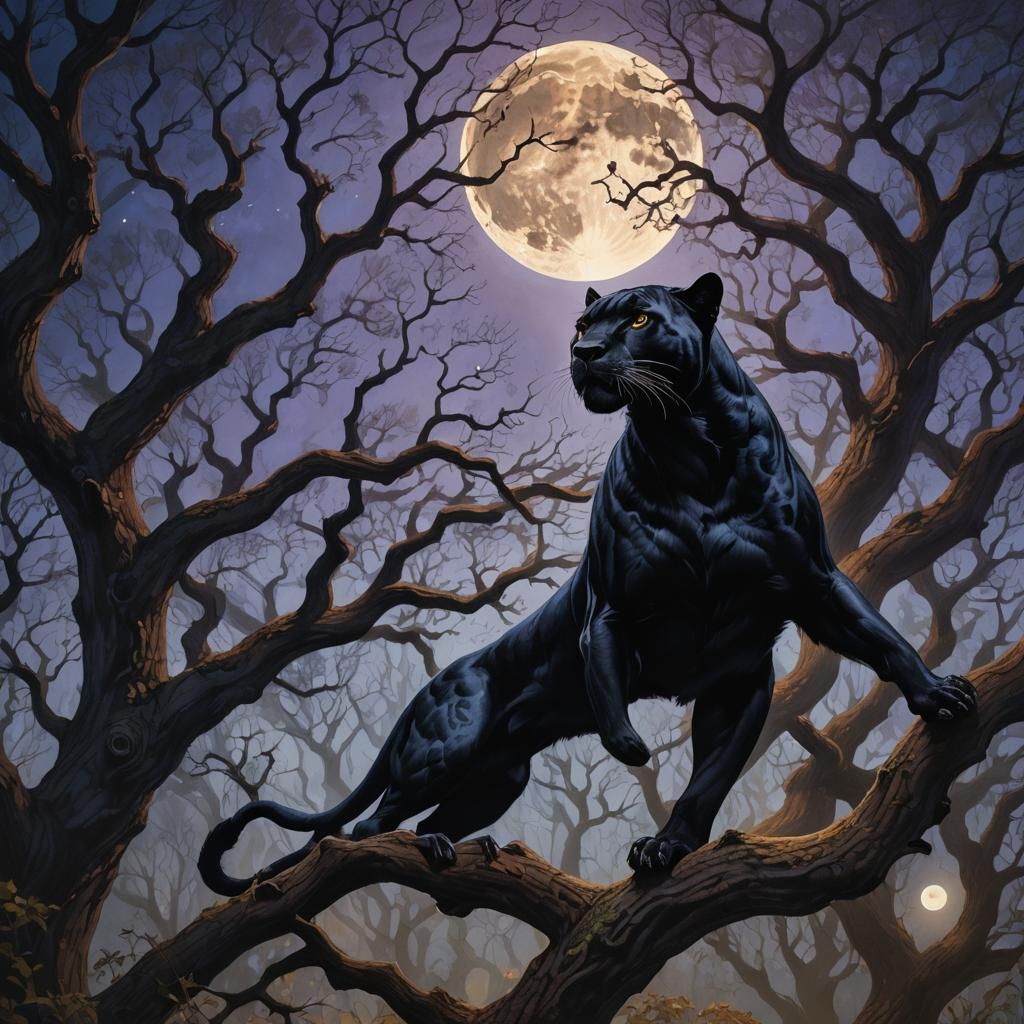 Black Panther in Moonlit Forest: Surreal Wildlife Art