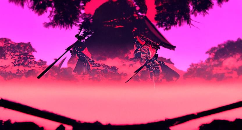 Vaporwave Samurai Stares at the Sun
