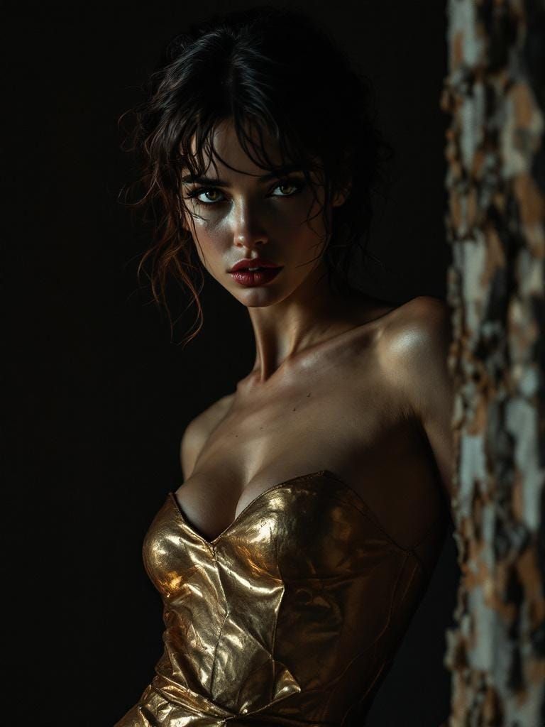 Woman in Gold Dress with Renaissance Lighting