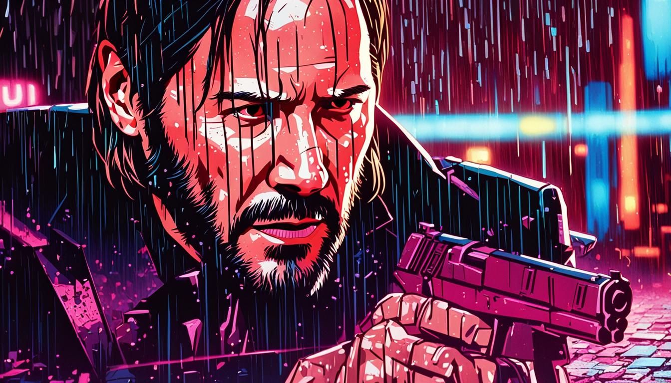Gritty John Wick Stands Alone in a Rain-Soaked Alleyway