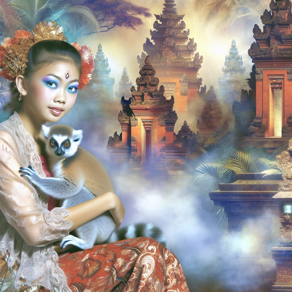Balinese Dancer with Lemur in Romantic Oil Painting Style