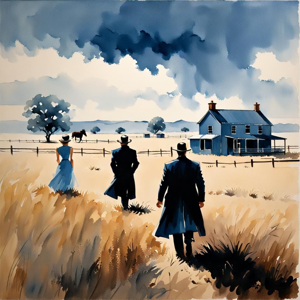 Watercolor Painting of a Texan Ranch in Blue and Silver