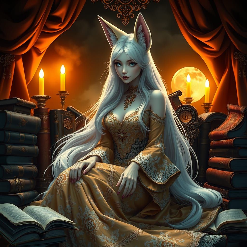 Elegant Kitsune Goddess in Opulent, Gothic-Inspired Gown