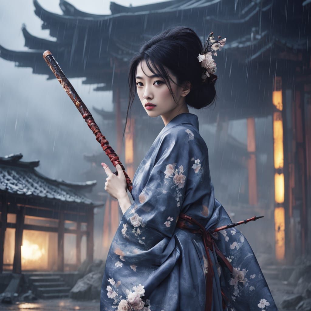 Woman with Naginata in Thunderstorm, Japanese Cinema Style
