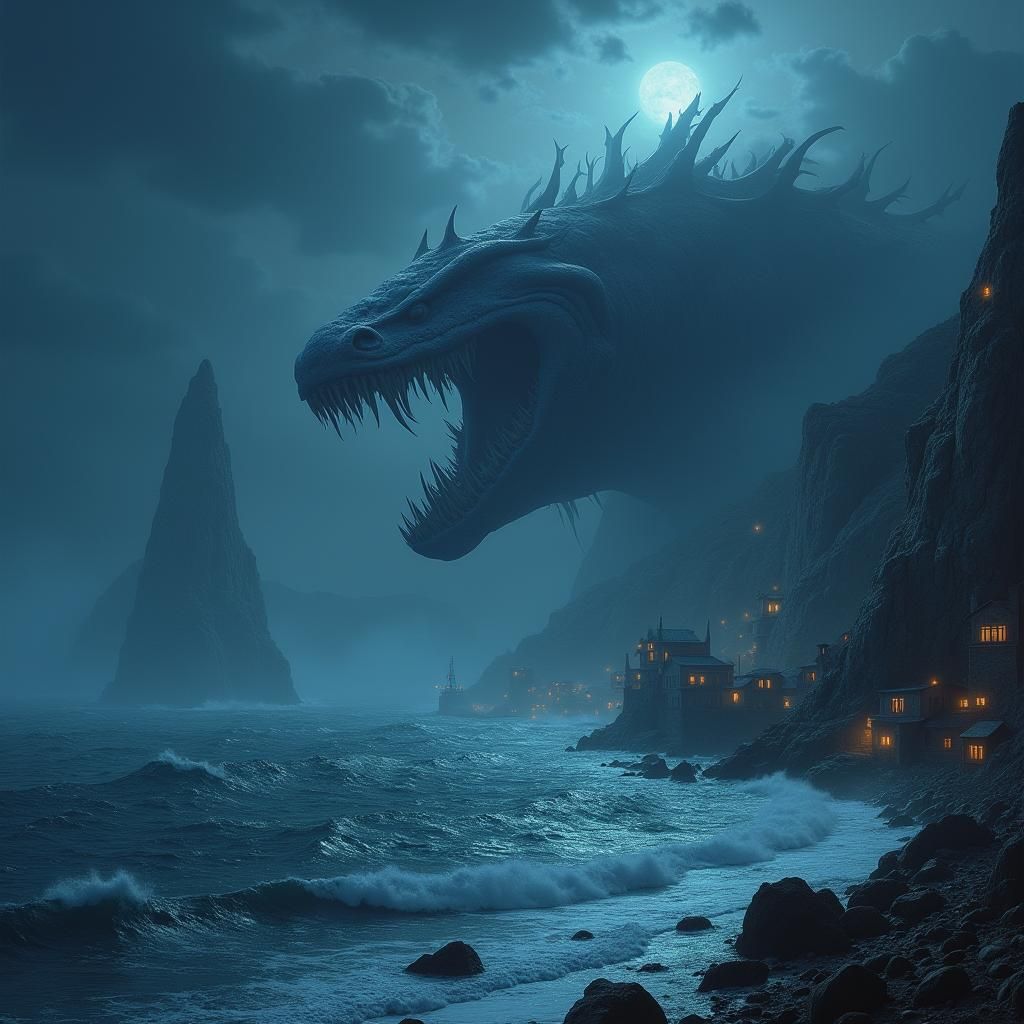 Moonlit Leviathan Breaches Stormy Drowning Sea