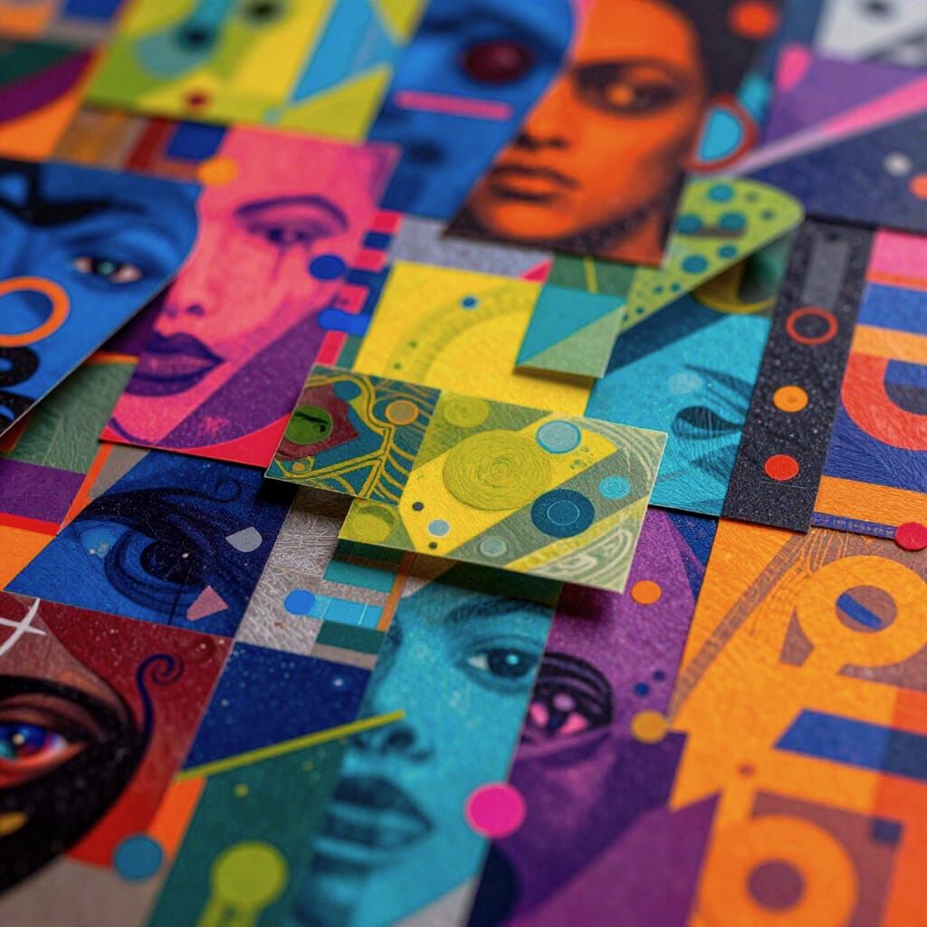 Vibrant Multi-Colored Collage in Futuristic Style