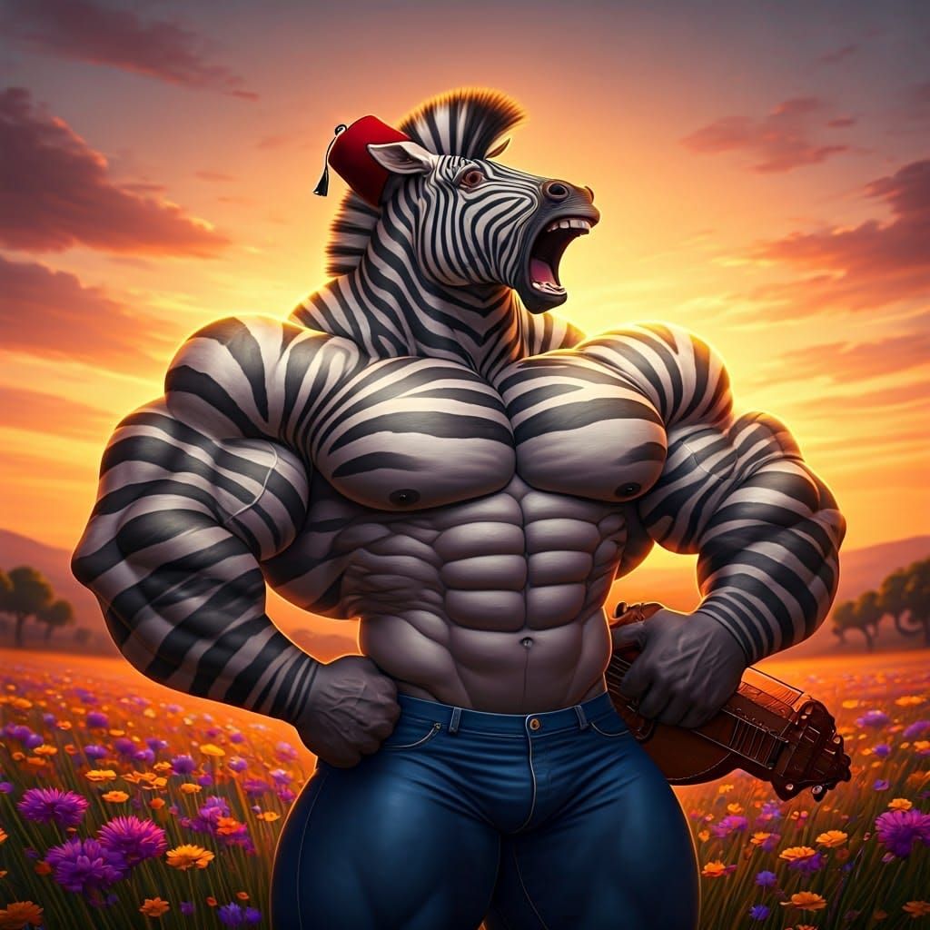 Hyperrealistic Muscular Zebra with Hurdy-Gurdy