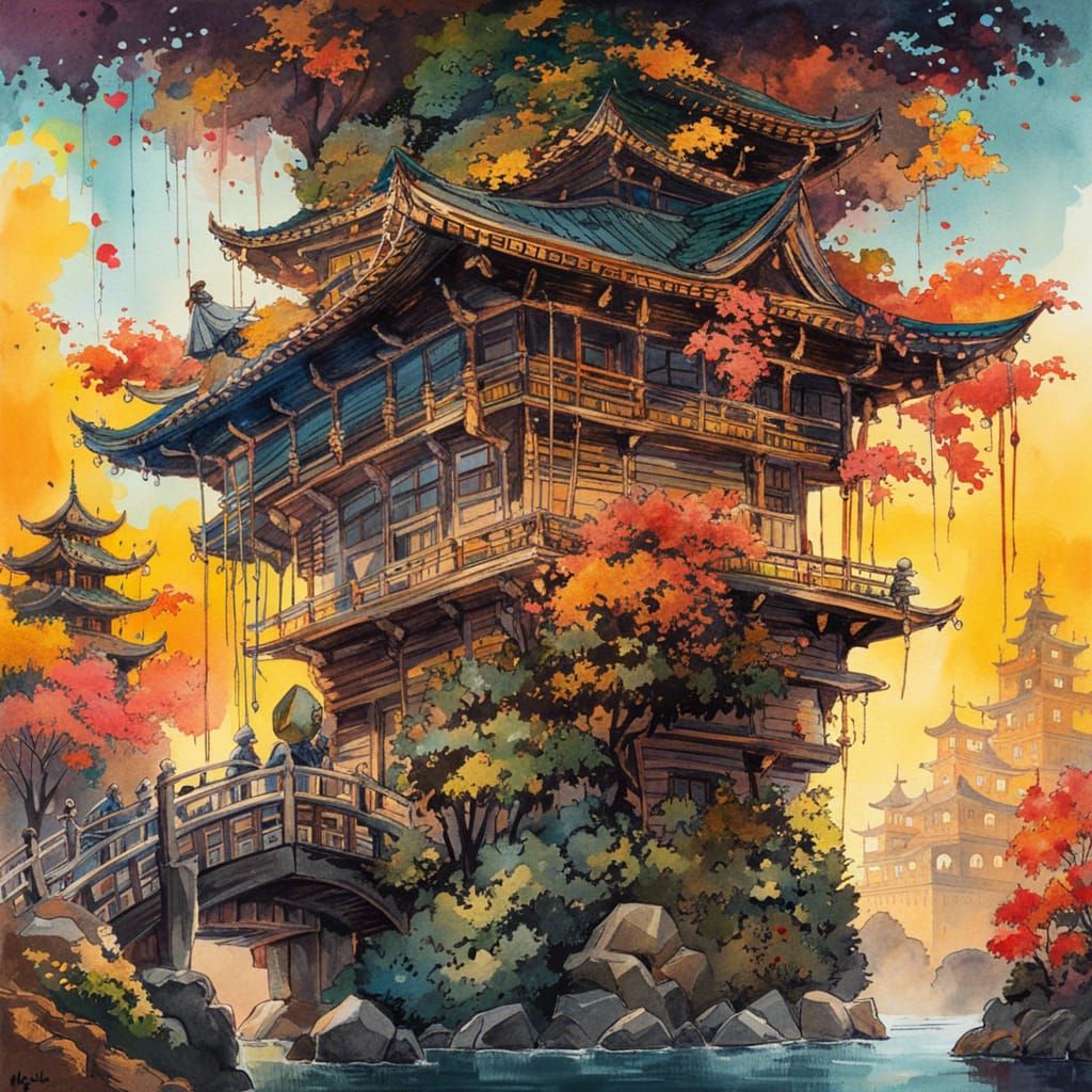 Japanese Pagoda with Samurai Toad: Watercolor Art