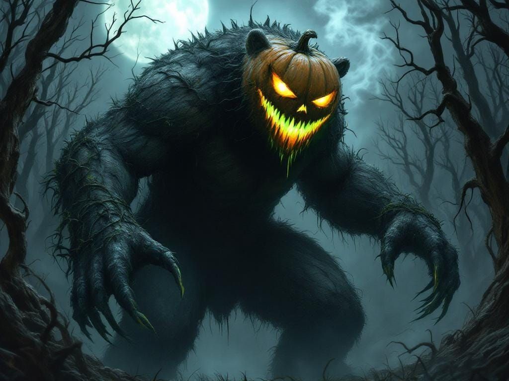 Menacing Jack-O'-Lantern Bear in Haunted Forest