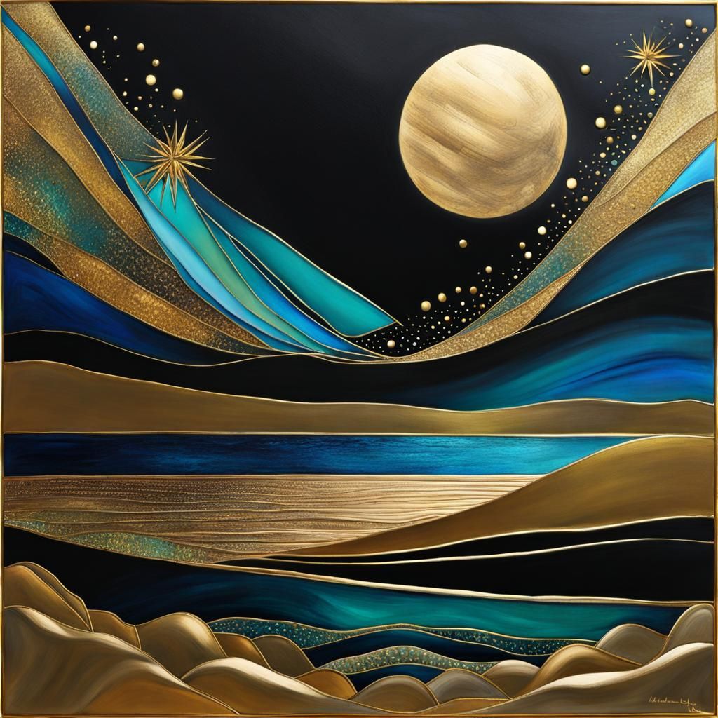 Cubist Ocean Night in Vibrant Colors