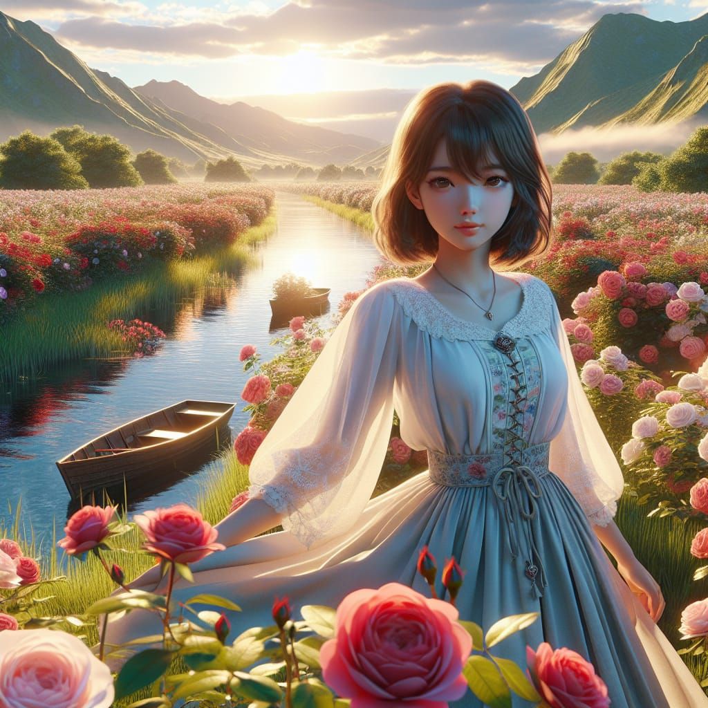 Anime Girl in Rose Field at Sunset