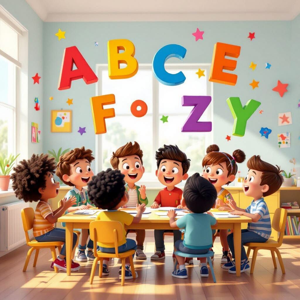 Diverse Children Singing in 3D Cartoon Classroom