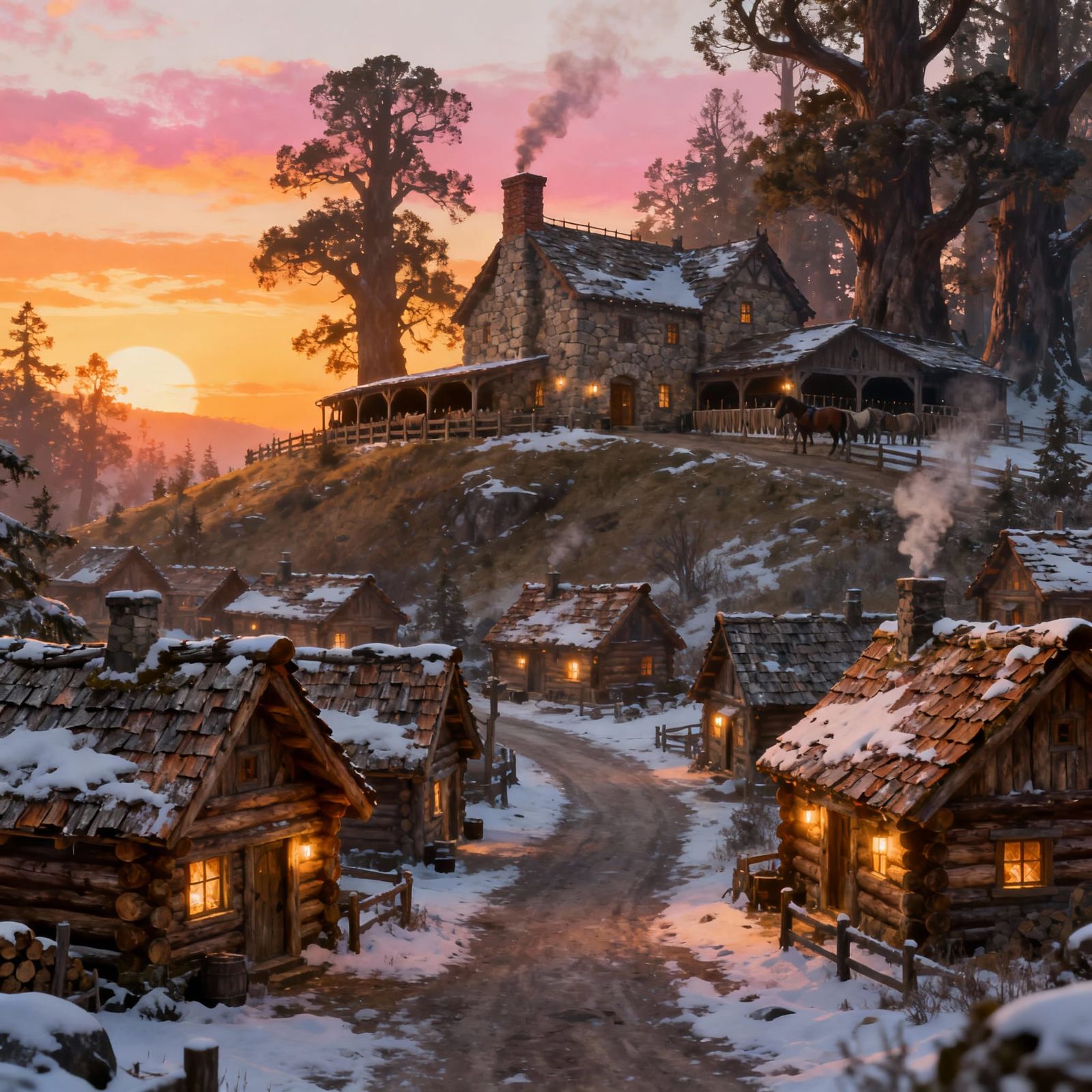 Fantasy Village Inn at Sunset with Snow