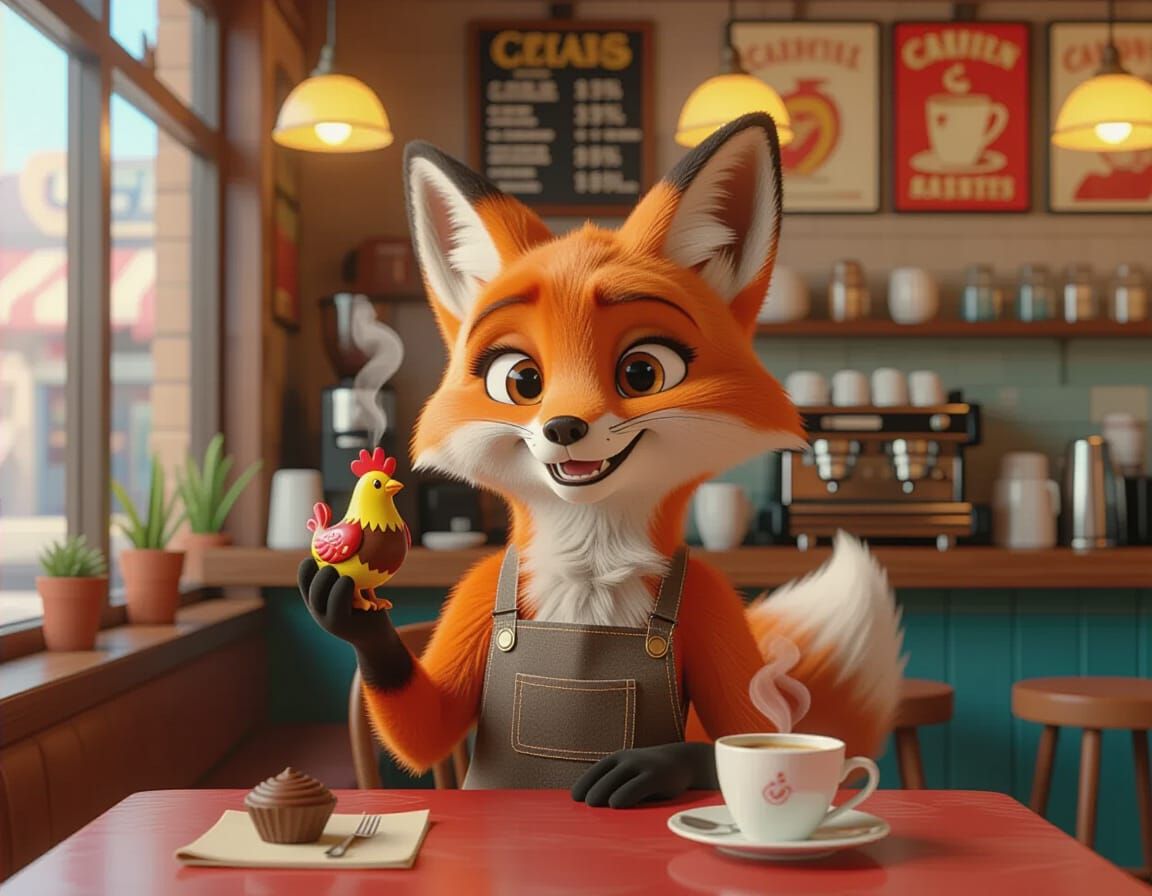 Pixar-Style Fox Enjoying Coffee in Cozy Cafe