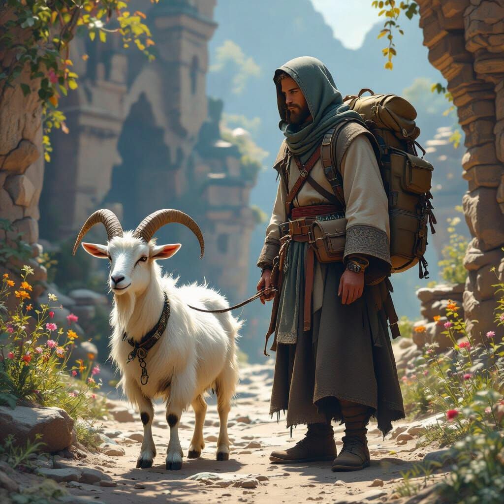 Christian Monk with Goat and Backpack in Matte Painting Styl...