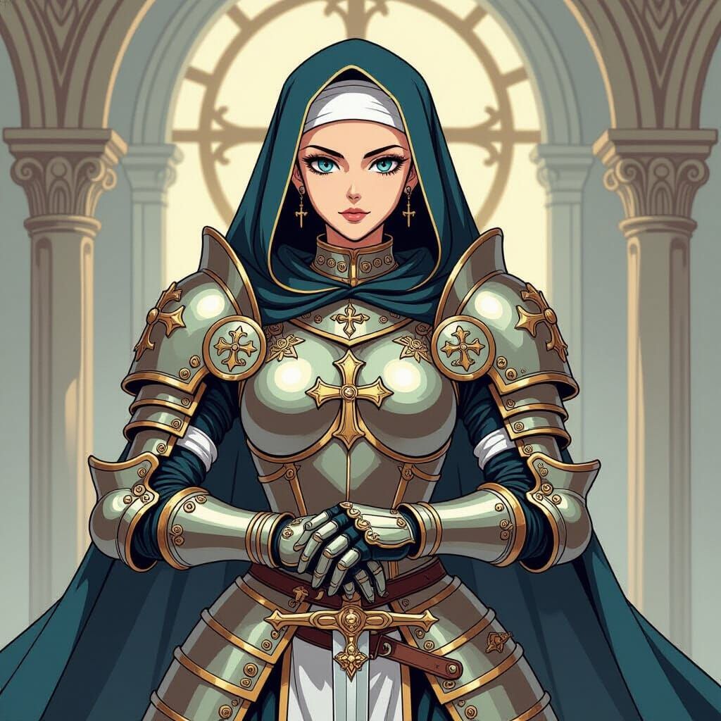 Heroic Armoured Nun in Jojo Manga Art Style
