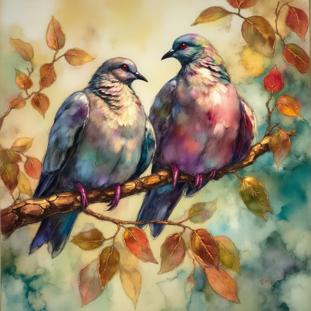 Doves Face Off in Richly Saturated Oil Painting