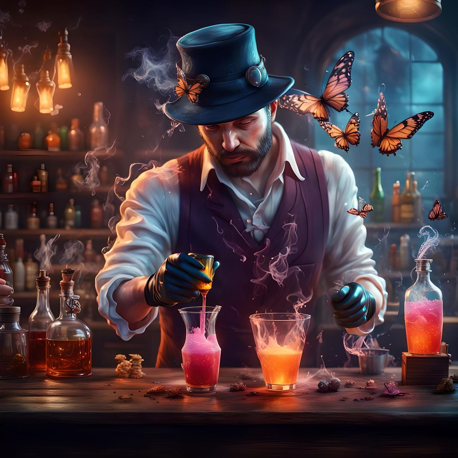 Magical Bartender Pours Potion with Colorful Smoke