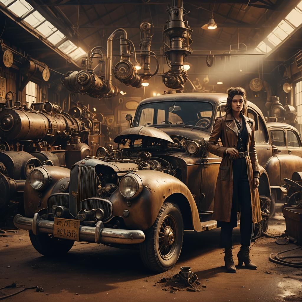 Vintage Car and Steampunk Engine in Repair Shop