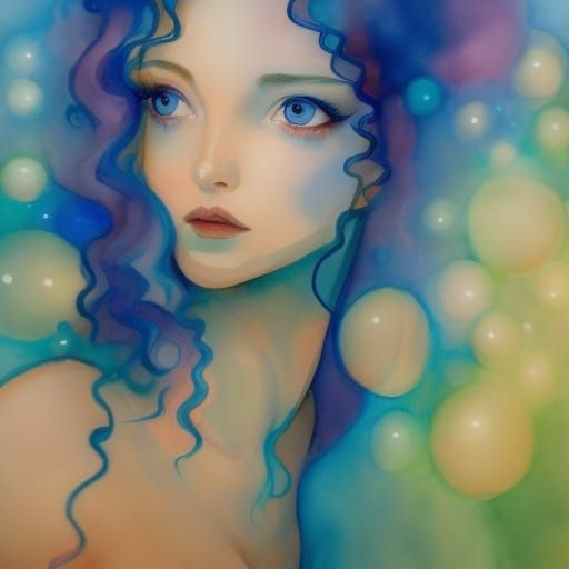 Cheerful Maiden in Watercolor with Bubbles