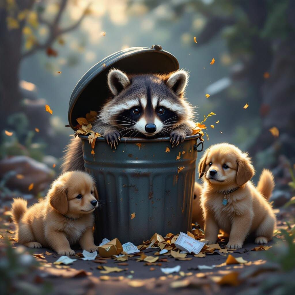 Raccoon and Golden Retriever Pups in Garbage Can