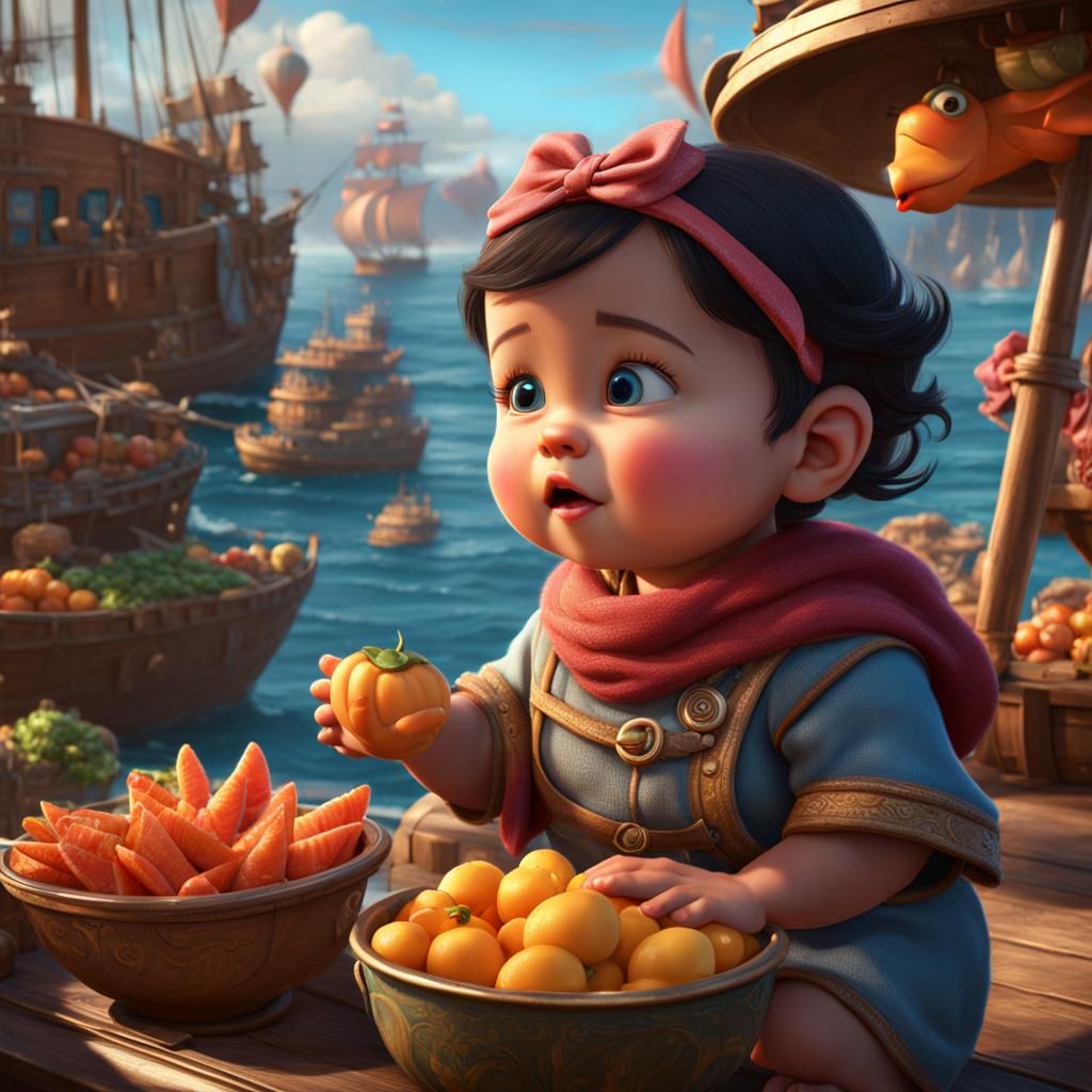 Baby Girl in Seaside Market, Pixar Style