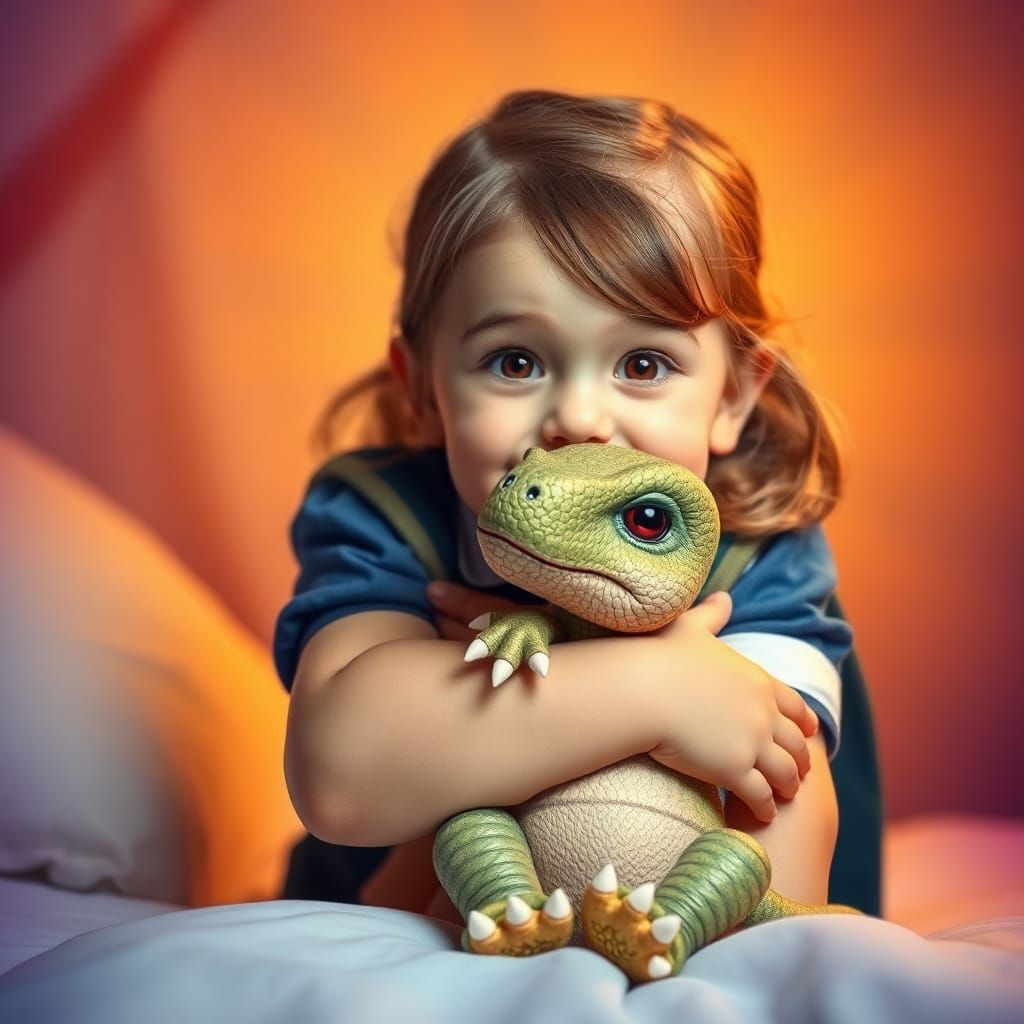 Girl Embracing Baby Dinosaur in Stylized 3D