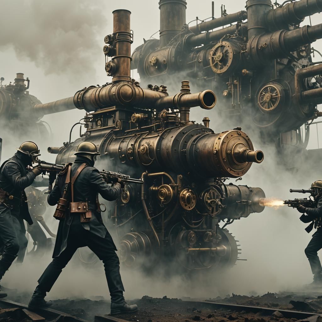Steampunk Soldiers in Industrial Battlefield, Cinematic Film...