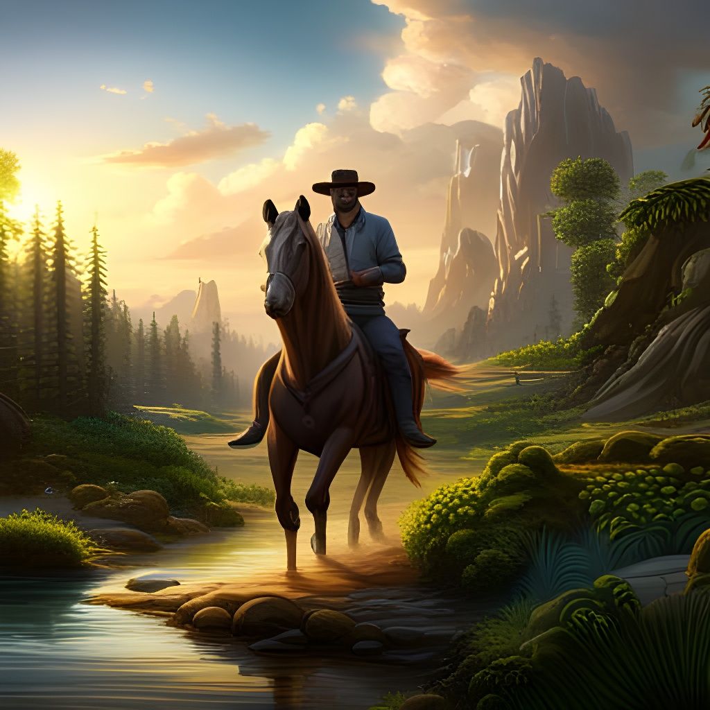 Cowboy on Black Horse: Detailed Fantasy Art