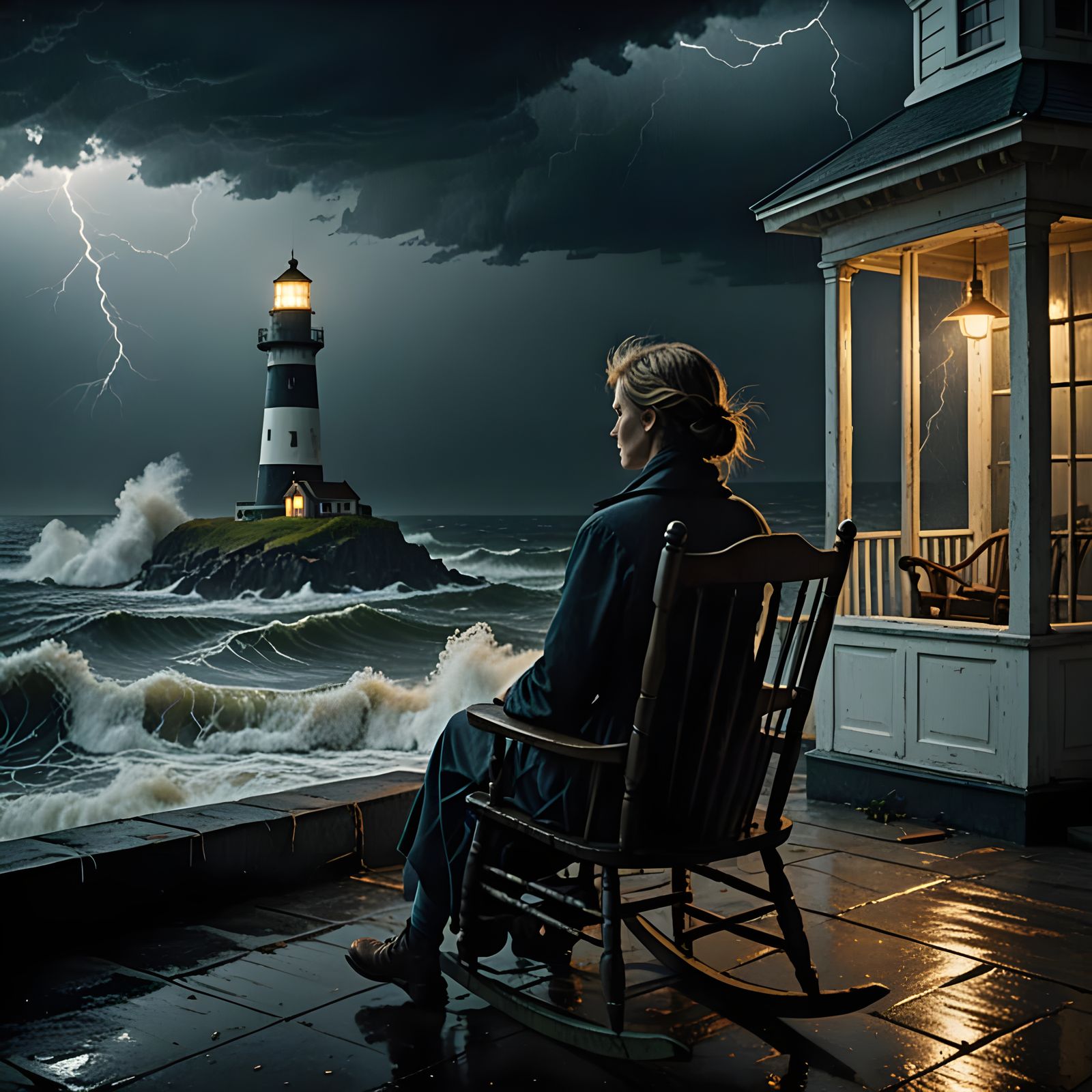 Lighthouse Storm Watched from a Porch, Cinematic Style