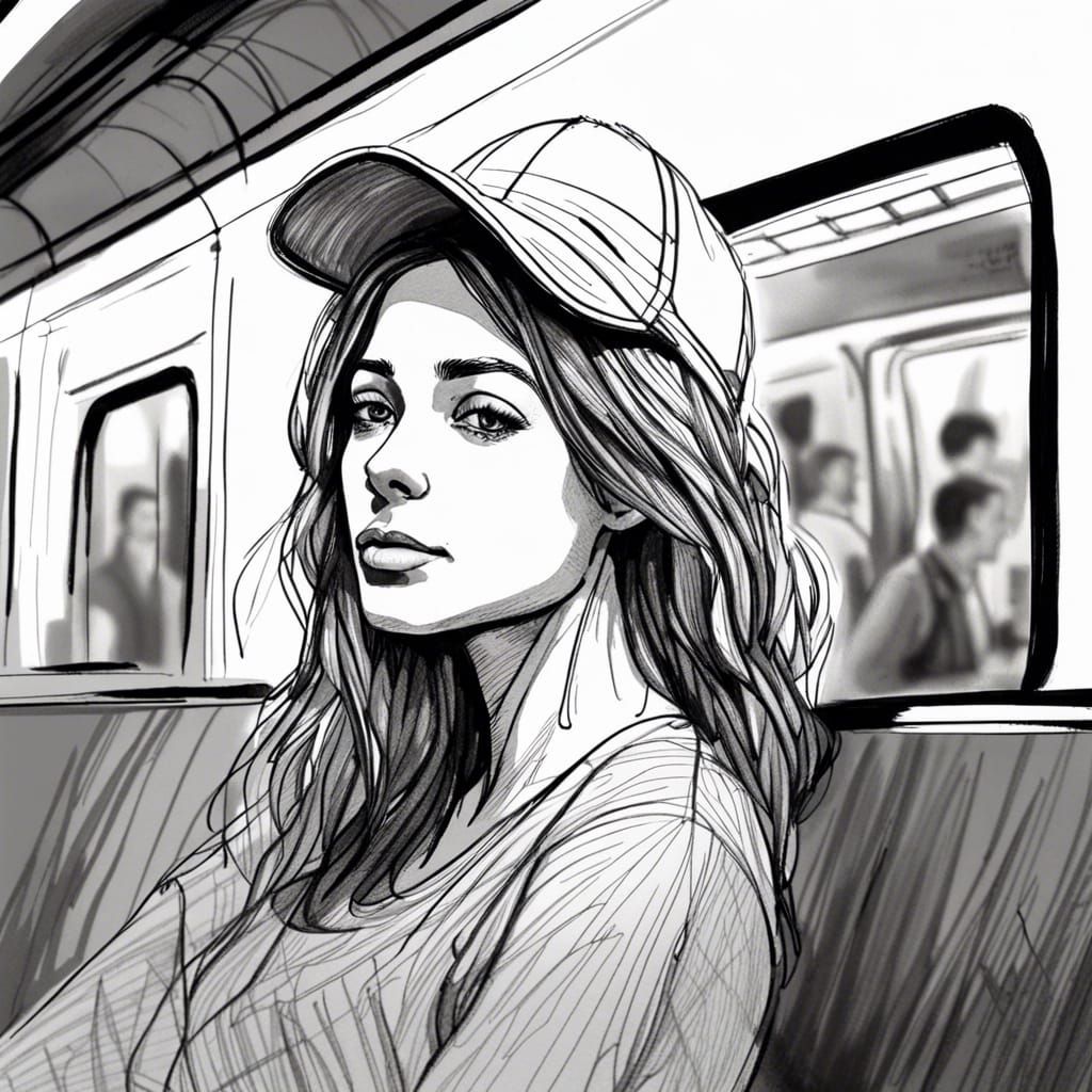 Woman in Subway: Detailed Black Ink Urban Sketch