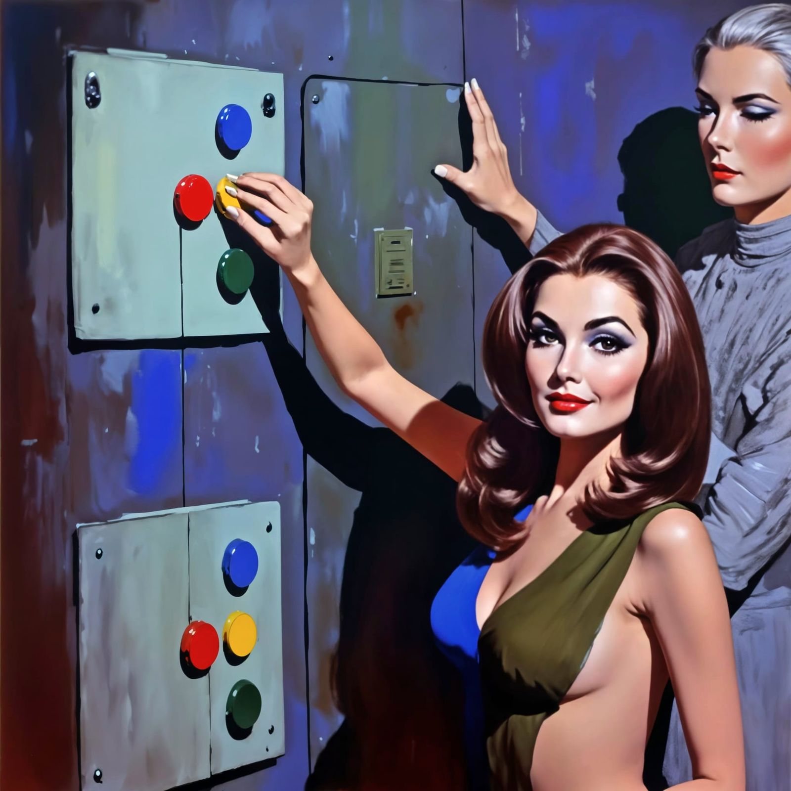 Space Girl Posing with Alien at Control Panel