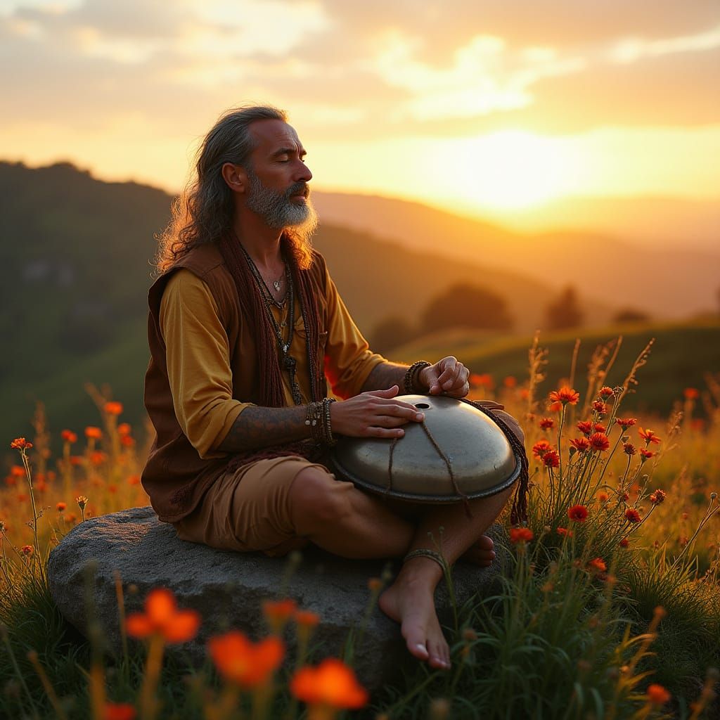 Man Playing Handpan at Mountain Sunset