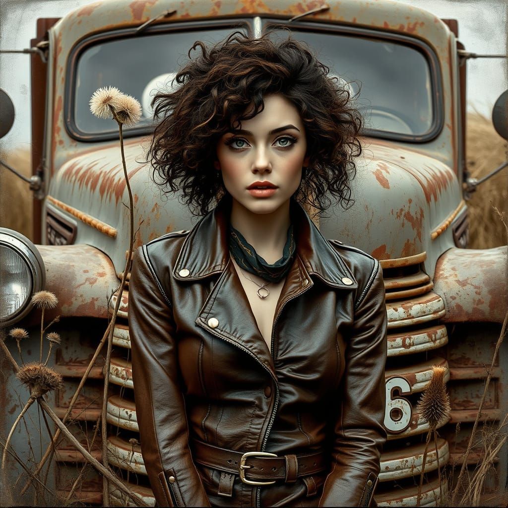 Surrealist Woman Amidst Wildflowers and Vintage Truck