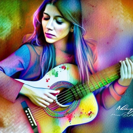 Colorful Watercolor of Woman Playing Guitar