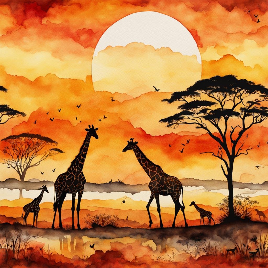 African Savanna with Giraffes in Watercolor Wash