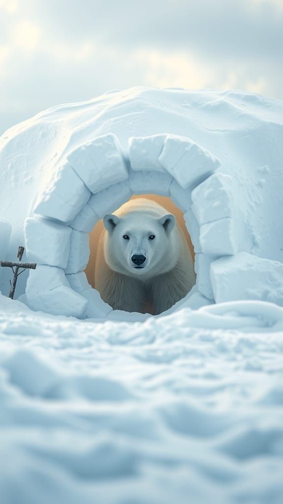 A snowy scene with a White Polar Bear peeping into an Igloo