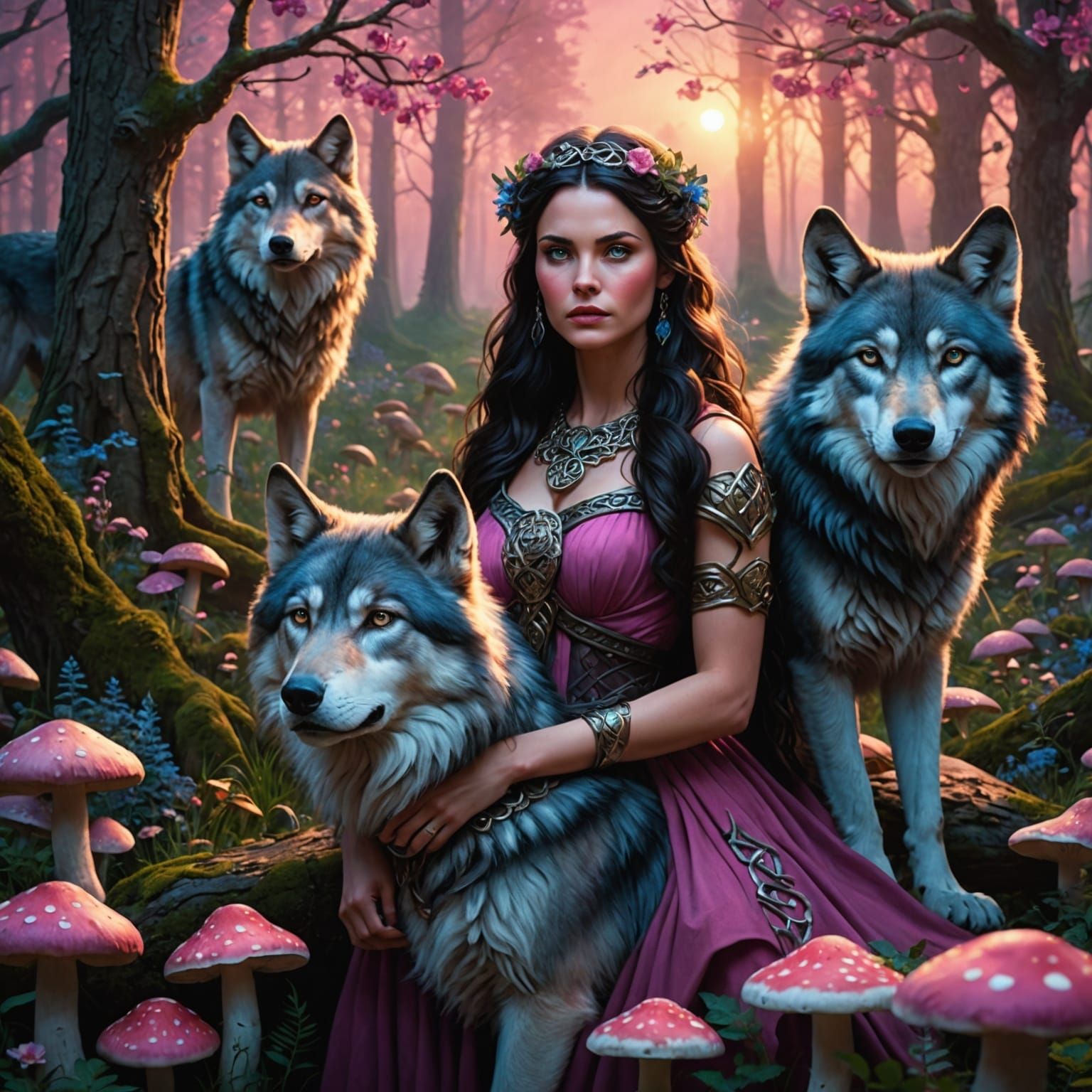 Celtic Goddess in Mystical Forest at Sunset