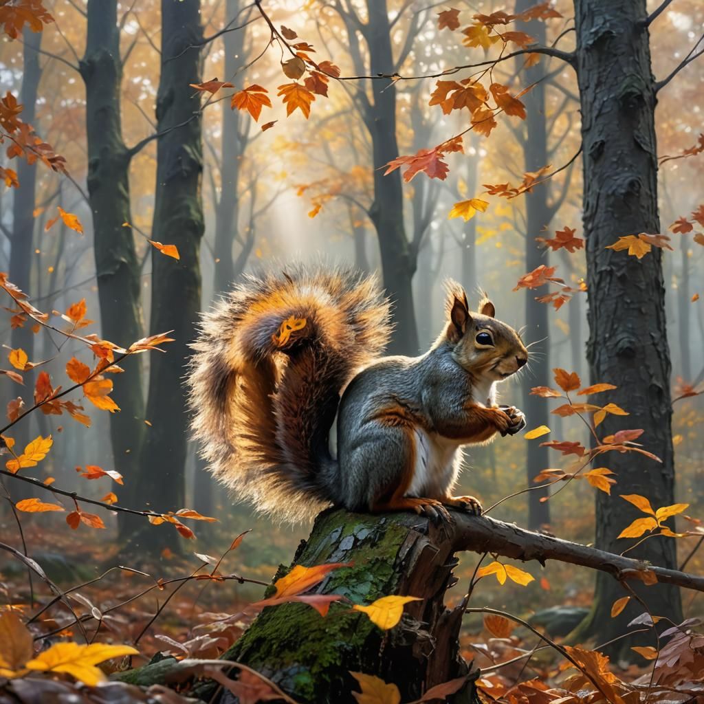 Squirrel in Autumn Forest: Detailed Digital Painting