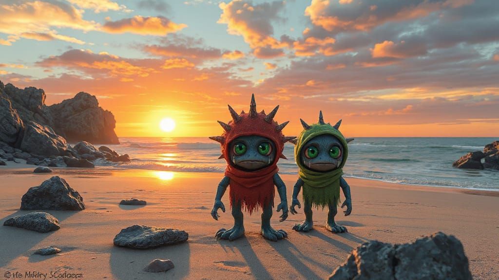 Sad Beach Monsters at Sunset: Digital Art