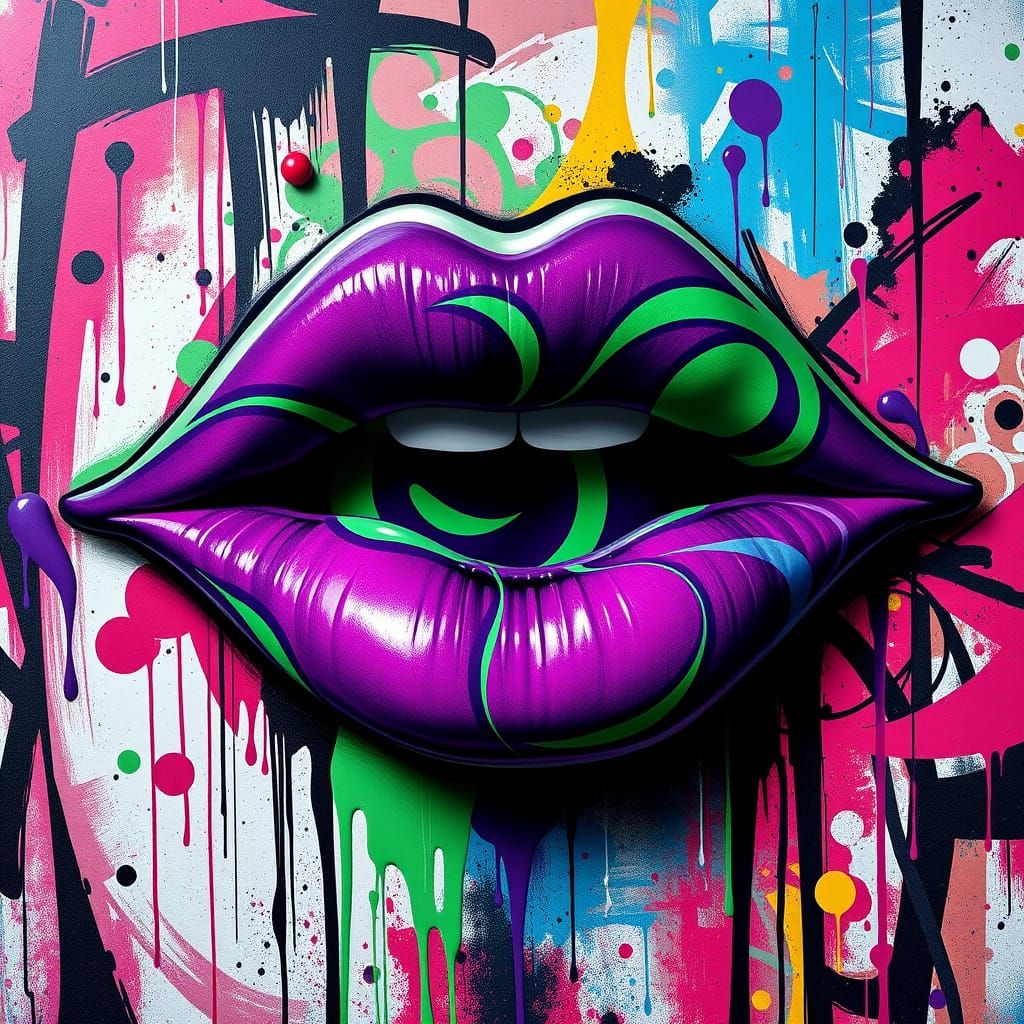 Vibrant Graffiti Kiss in Swirling Purple and Green