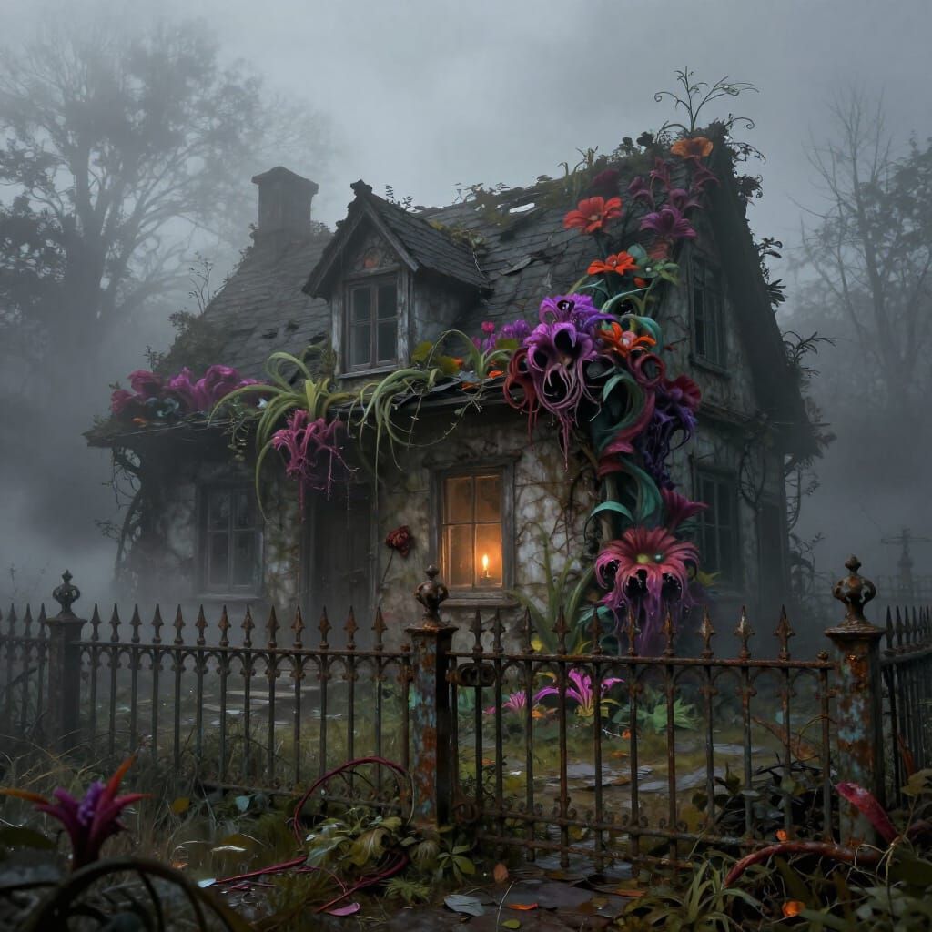 Eerie Cottage in Spectral Mist with Gothic Fence