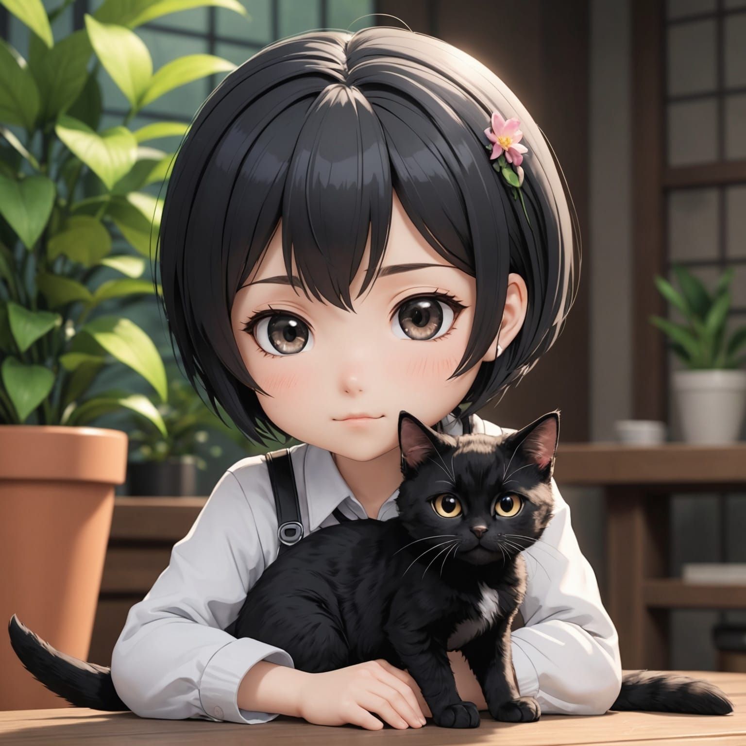 Anime Chibi Girl Petting Cat, Detailed Manga Style