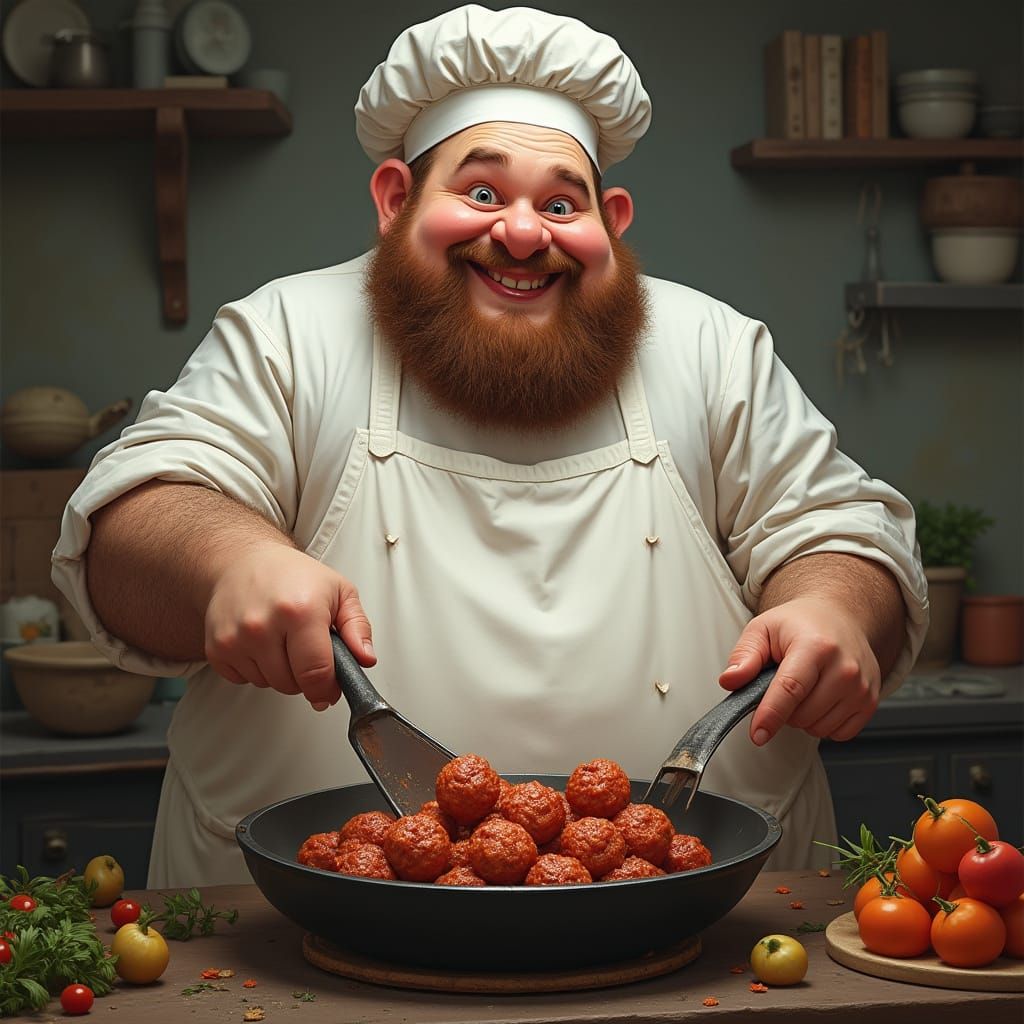 Jovial Chef Cooking Hairy Meatballs: Digital Art